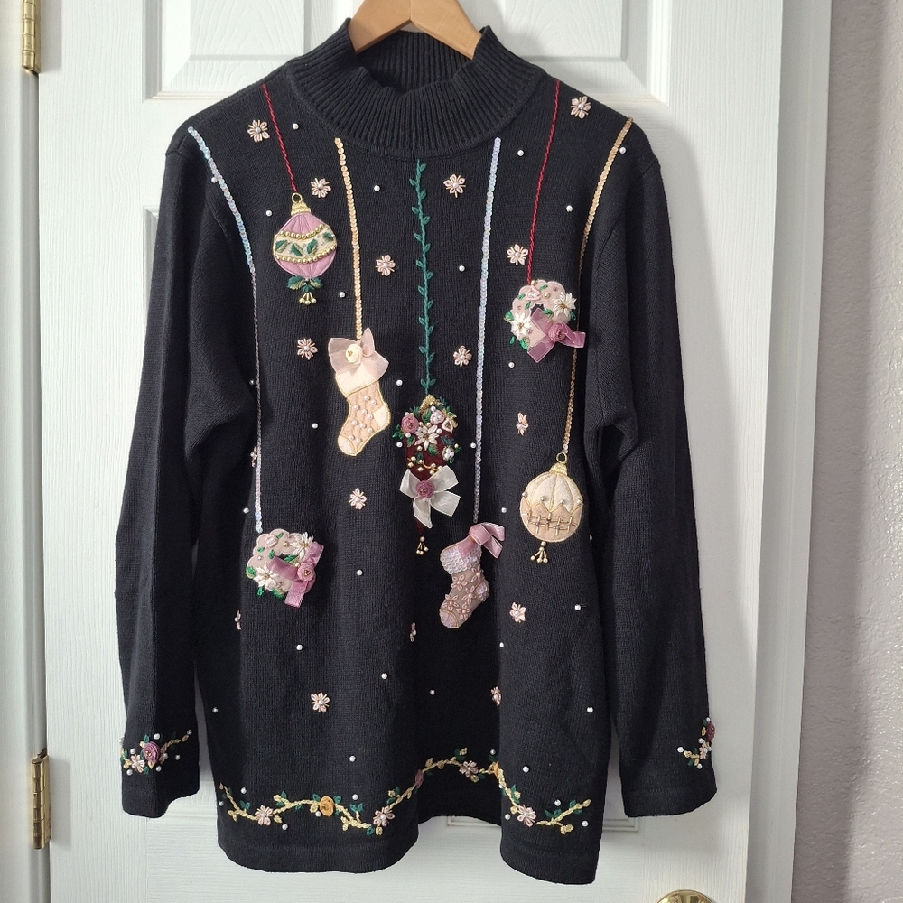 Vintage Victoria Jones Embellished Embroidered Beaded Christmas Sweater Womens L